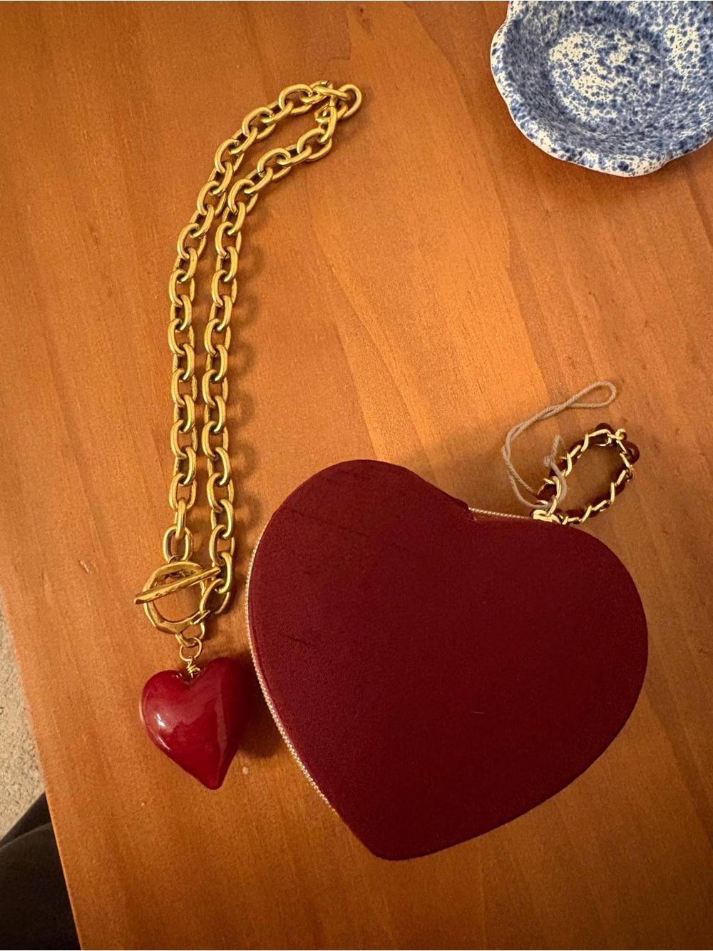 Gold-Tone Chain Necklace with Deep Red Heart Pendant